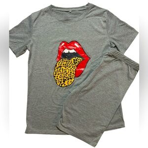 Gray T-Shirt and Shorts Set with Lip Graphic, Size L, NWOT
